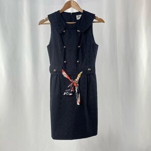 Milly Sleeveless Collared Scarf Belt with Decorative Buttons Sheath Dress Navy 0
